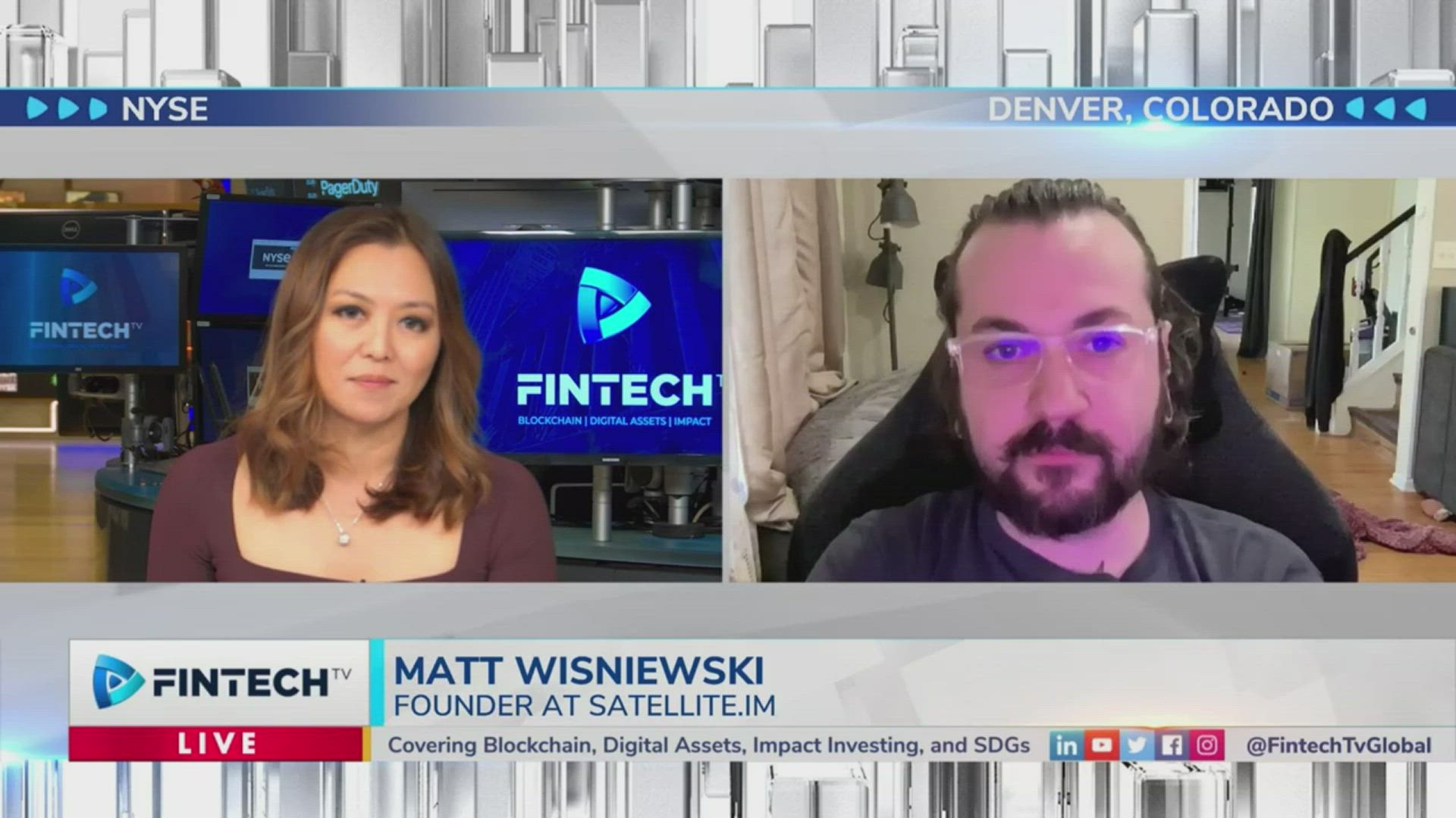 Matt Wisniewski from Satellite.im (right) joins a FintechTV interview on a split-screen with the host (left); blue Fintech screens in the background and a gray studio setting.