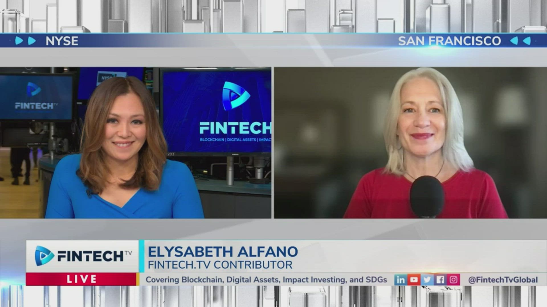 Elysabeth Alfano appears on a split-screen Fintech TV interview with a host wearing blue, discussing Los Angeles and the Global Plant-Based Treaty in a studio setting.