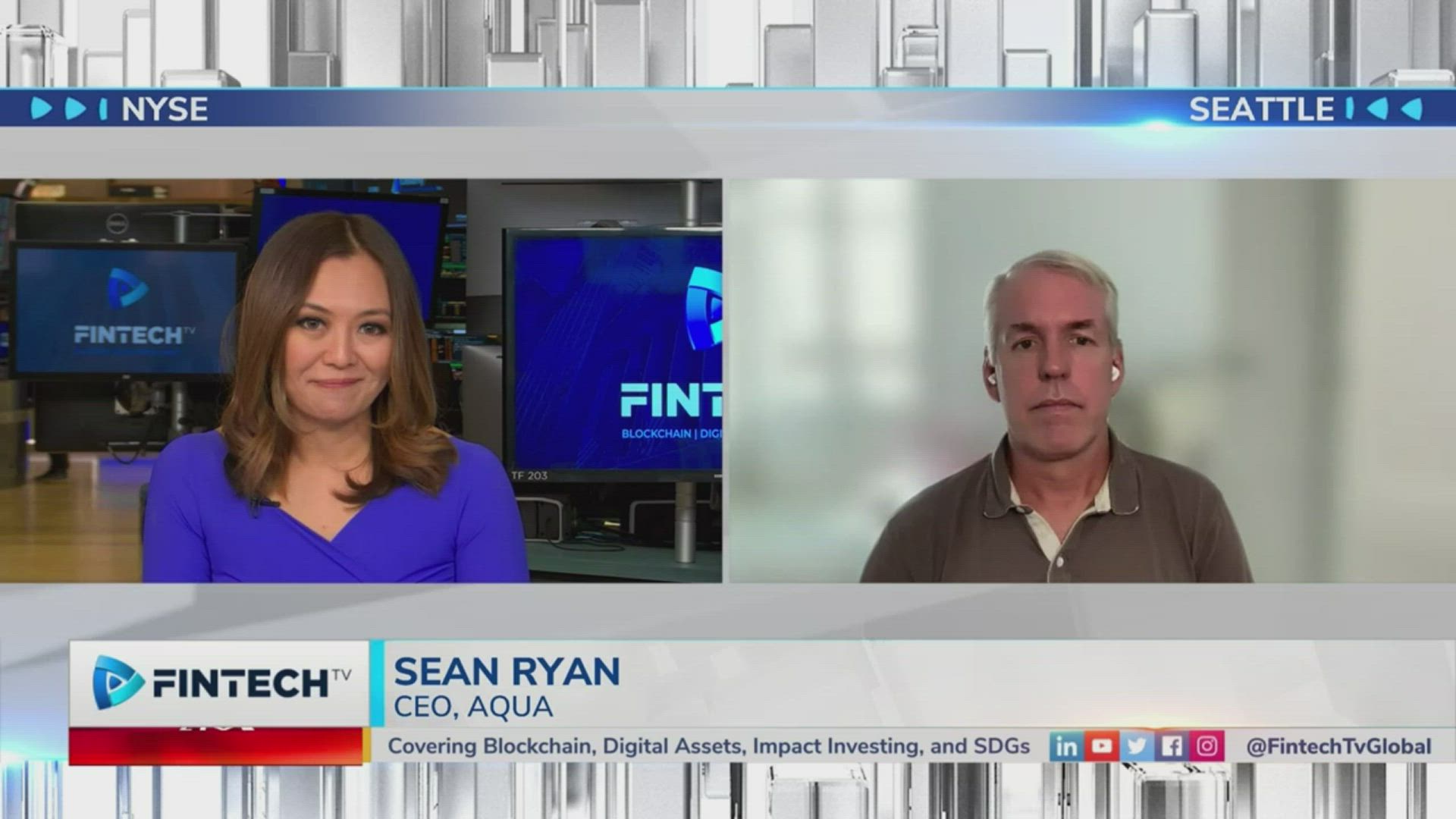 Sean Ryan, CEO of Aqua, appears on FintechTV in a two-panel split-screen interview with a female anchor in a blue dress; newsroom backdrop displays Fintech branding
