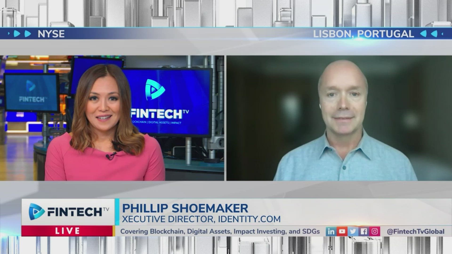 Phillip Shoemaker, Executive Director, Identity.com, on a split-screen interview with a FINTECH TV anchor in a modern newsroom set featuring blue screens and the FINTECH TV logo.