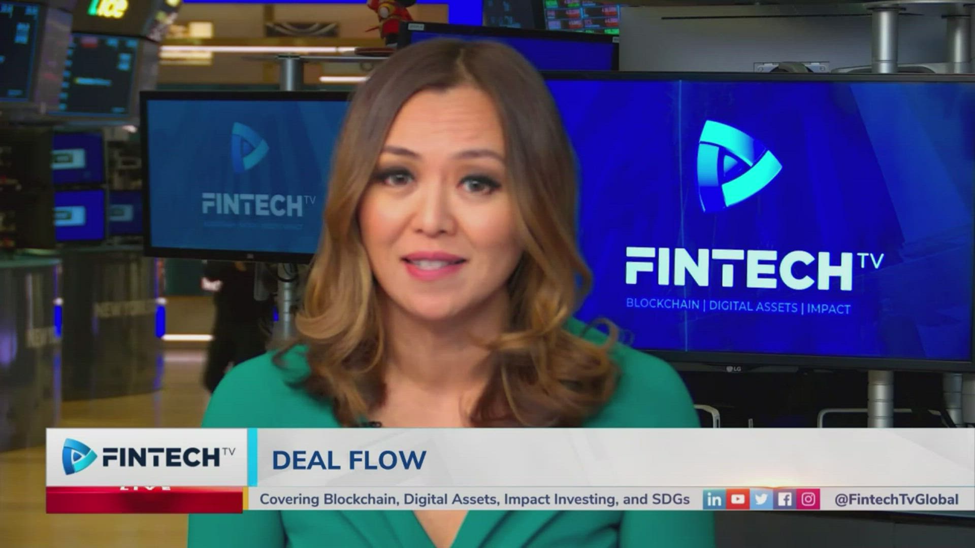 Female Fintech TV host on Deal Flow speaking with blue studio screens and branding in the background; AMP Robotics and Samsara Eco are mentioned, Fintech TV logos visible.