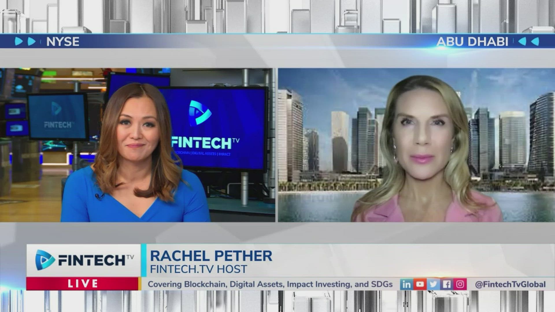 Rachel Pether, Fintech TV host, appears on a split-screen interview with a guest, blue studio backdrop and city skyline, Fintech TV branding visible on screens
