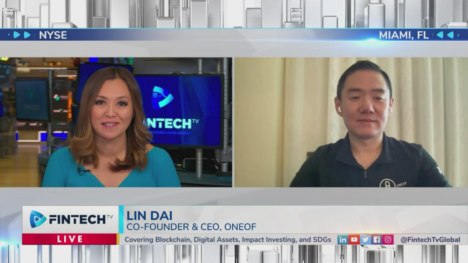 Lin Dai, Co-Founder & CEO of OneOf, in a live studio interview on Fintech TV, discussing the Latin Grammy Awards NFT collection; split-screen with Lin Dai on the right and the Fintech TV logo visible on the left