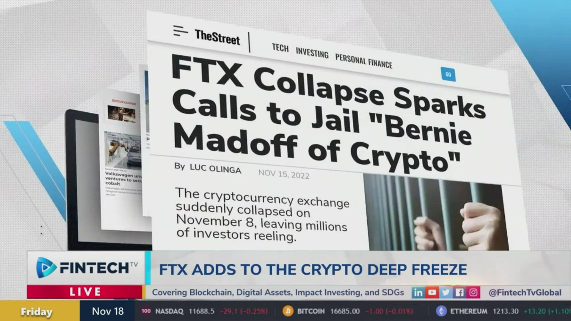 FTX headline on The Street article about market volatility, featuring bold typography reading 'FTX Collapse Sparks Calls to Jail "Bernie Madoff of Crypto"' and a newspaper-like layout with related content and byline.