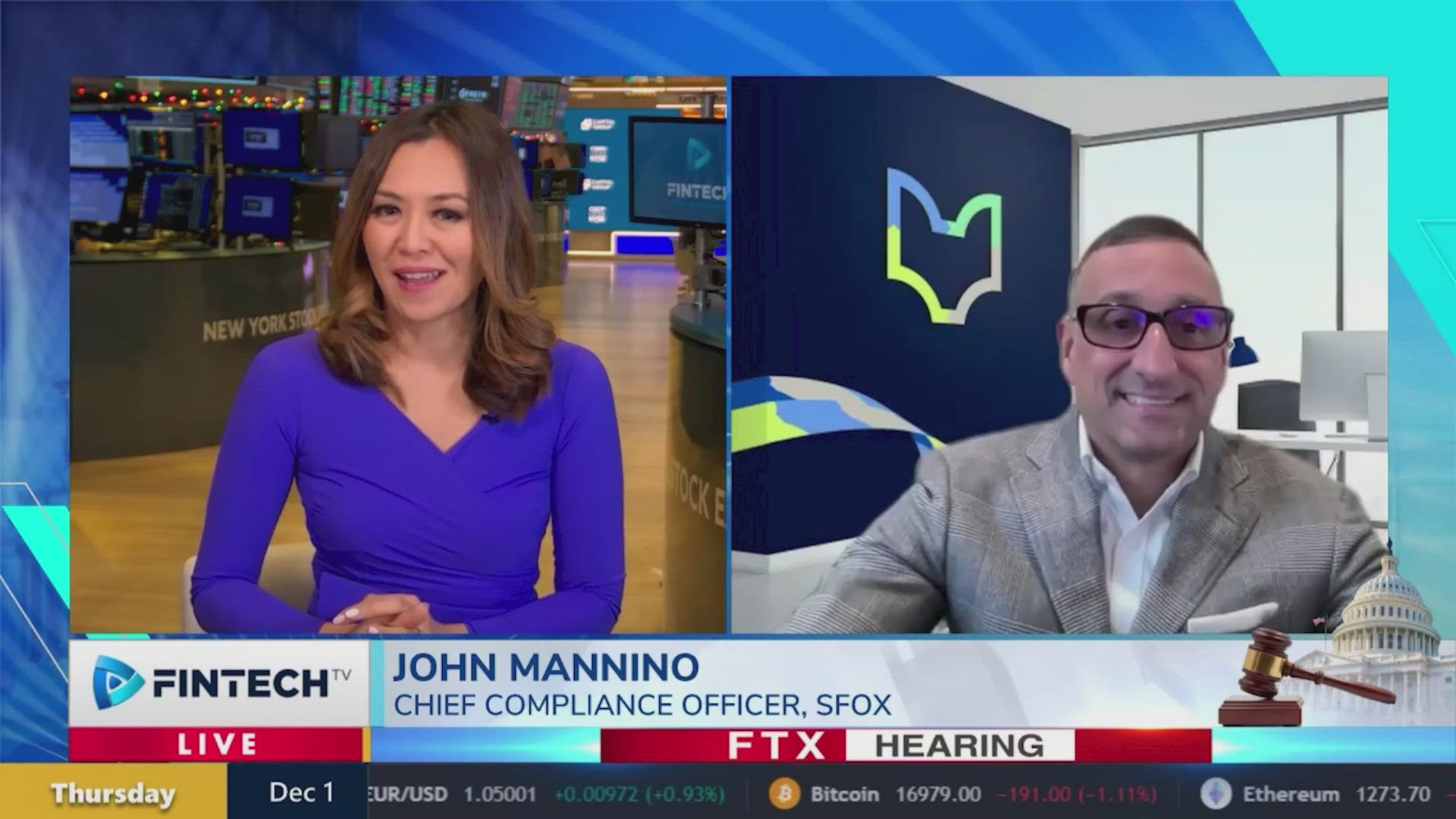 John Mannino, Chief Compliance Officer at SFOX, appears in a split-screen interview on FintechTV discussing cybersecurity in crypto, with a host on the left and Mannino on the right