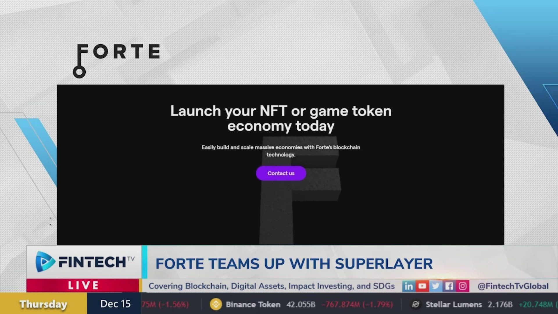 HipHopGamer on FINTECH.TV discusses eSports challenges and opportunities; Forte logo branding appears with a bold black NFT/game token promo and a purple call-to-action button.